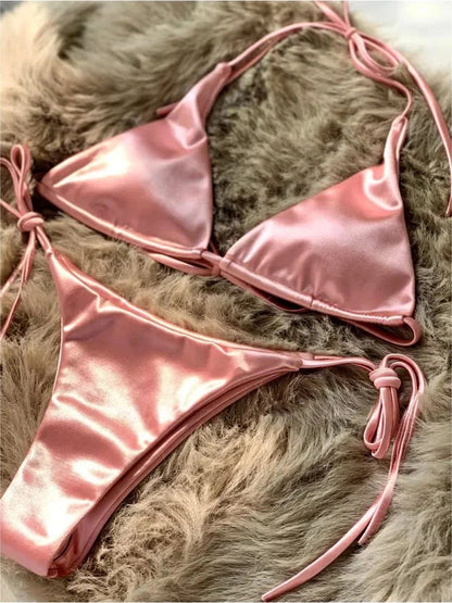 Wrap Around Halter Metallic Satin Bikini Women Swimwear Female Swimsuit Two-pieces Bikini Set Brazilian Bathing Suit Swim Lady