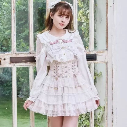 Japanese Lolita Lace Layered Skirt Women Anime High Waist Maid Style Sweet Ruffle Cake Skirt Kawaii Harajuku A-Line Mini Skirt