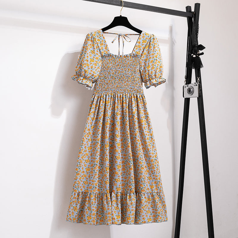 Summer Pleated Women Chiffon Dresses Casual Beach Holiday Short Sleeve Square Co