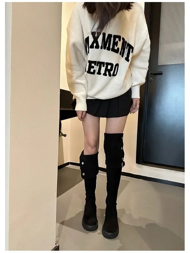 Over The Knee Cowboy Boots Women  Designer Winter Platform Shoes Fashion Fur Suede Wedges Thigh High Boots Motorcycle Shoes 2024