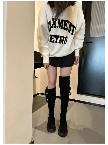 Over The Knee Cowboy Boots Women  Designer Winter Platform Shoes Fashion Fur Suede Wedges Thigh High Boots Motorcycle Shoes 2024