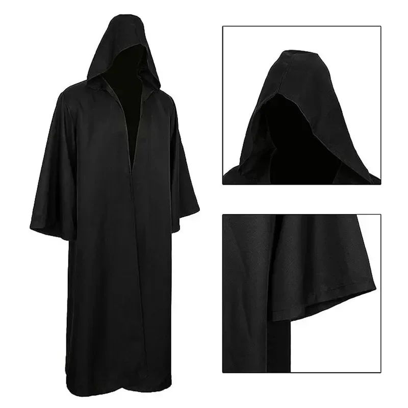 New Halloween Medieval Black Robe Cloak Costume Adult Priest Cosplay Hooded Costume and Scary Spooky Loose Cloak