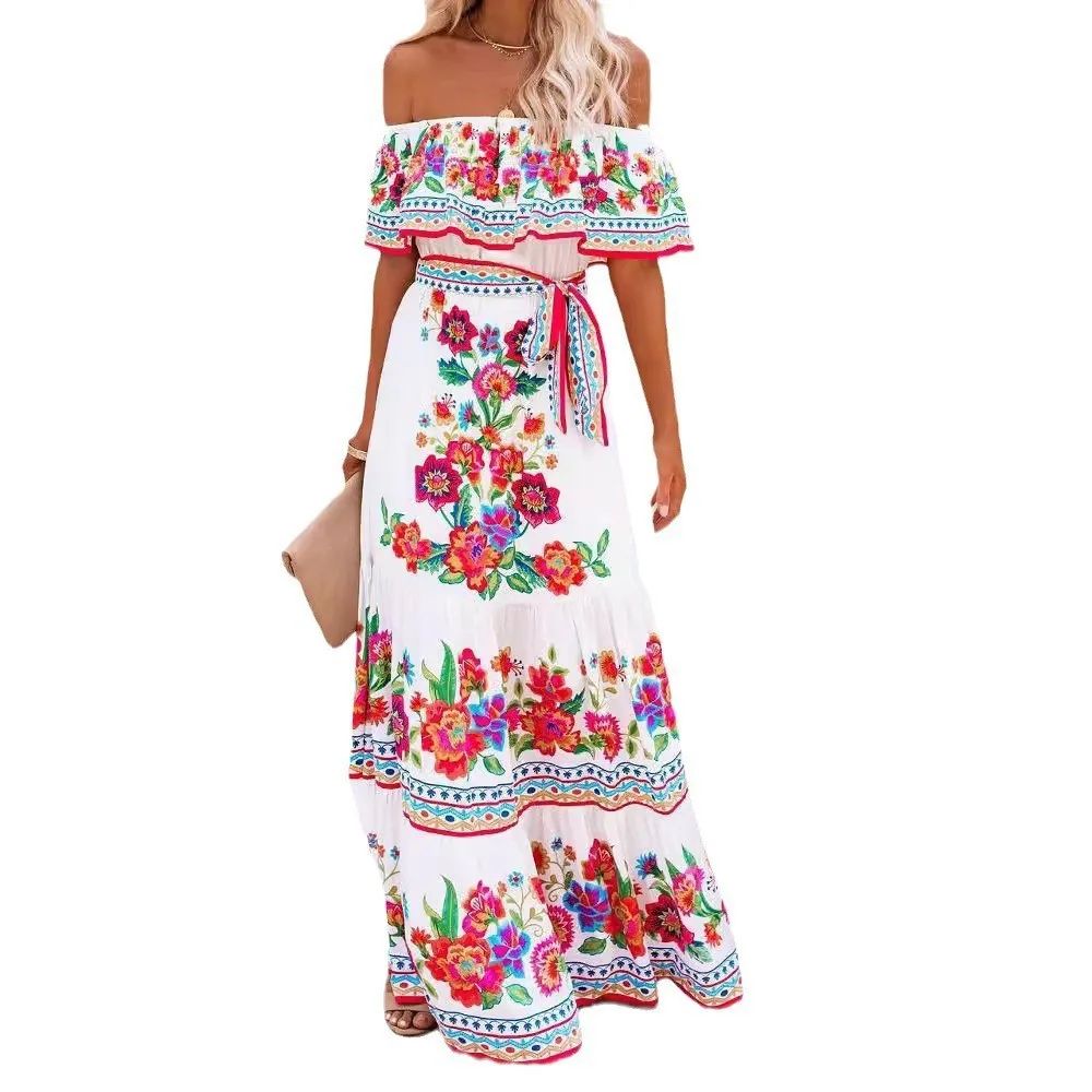 2024 Spring Summer New Independent Stand Amazon Off-shoulder Red Flower Printing Long Dress Oversized Wide Hemline Sleeveless