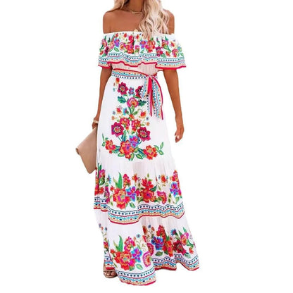 2024 Spring Summer New Independent Stand Amazon Off-shoulder Red Flower Printing Long Dress Oversized Wide Hemline Sleeveless