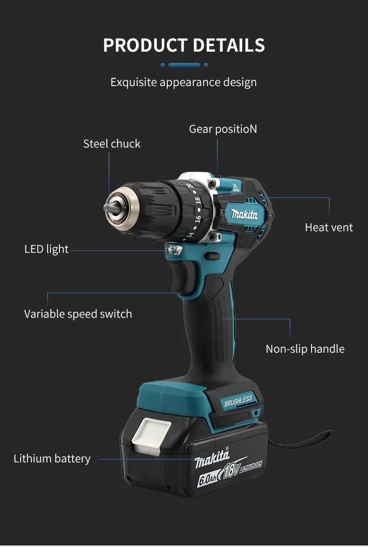 Parafusadeira/Furadeira sem fio Makita DDF487 18V 10mm 410W Potência Máxima Parafusadeira Elétrica Recarregável para Casa/Oficina (Sem Bateria)