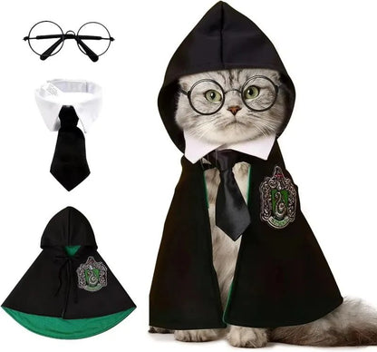Capa de Halloween Cosplay Roupinha de Cachorro Fofa Manto Mágico Colegial Pequeno Óculos Gravata Acessórios para Pescoço Xale para Pet Roupinha de Outono