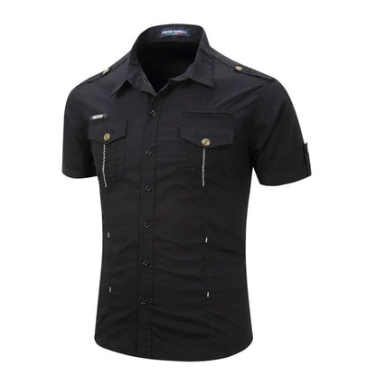 Euro Big Size Men's Cotton Casual Short Sleeve Button-Down Shirt with Chest Pockets Regular-Fit Work Shirt Outdoor Cargo Wear
