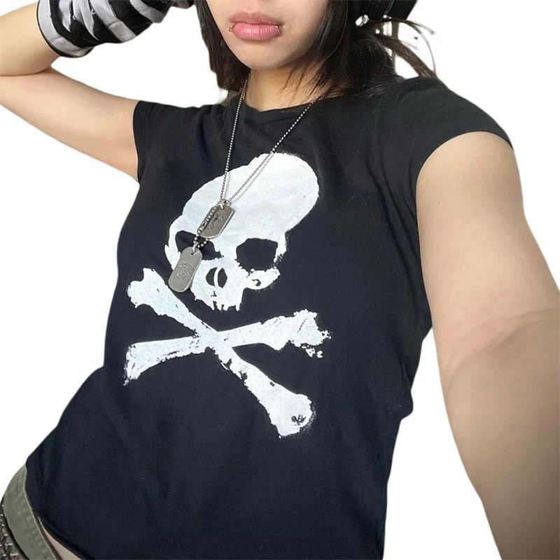 Vintage Grunge Graphic Print Short Sleeve T-Shirt Y2k Slim Crop Top Gothic Skull Punk Streetwear Women's Tee Summer Casual 90s