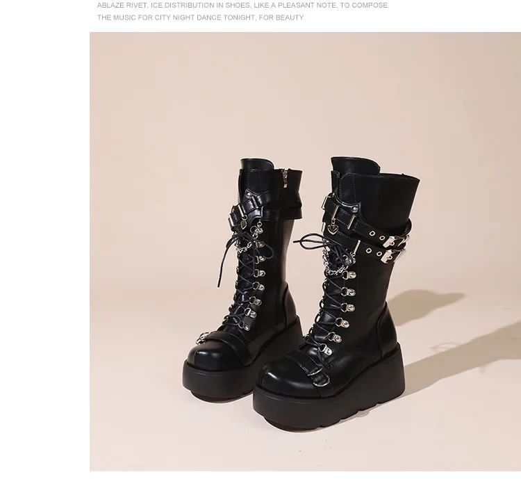Platform Boots Riveted Buckle Wedges High Women's Boots Punk Spice Chic Biker Rider Boots