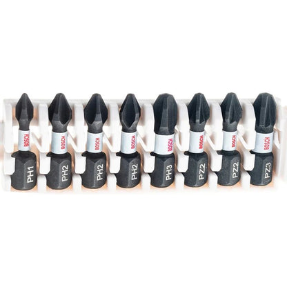 BOSCH 2608522323 Jogo de Pontas de Parafusadeira PH1 PH2 PH3 PZ2 PZ3 25mm, Conjunto de 8 Peças, Conjunto de Pontas Cruzadas, Acessórios para Ferramentas Elétricas