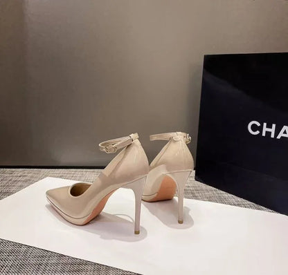 Sapatos femininos com salto agulha super alto de 11cm, corrente de pérolas, tira no tornozelo, bico fino, tamanho grande, sapatos de escritório de couro