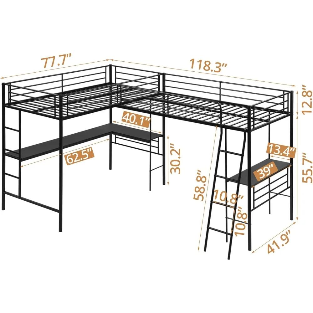 Twin Size L-Shaped Loft Bed with 2 Built-in Desks Metal Heavy-Duty Bunk with Safety Guard Rail And 2 Ladders Corner Bed