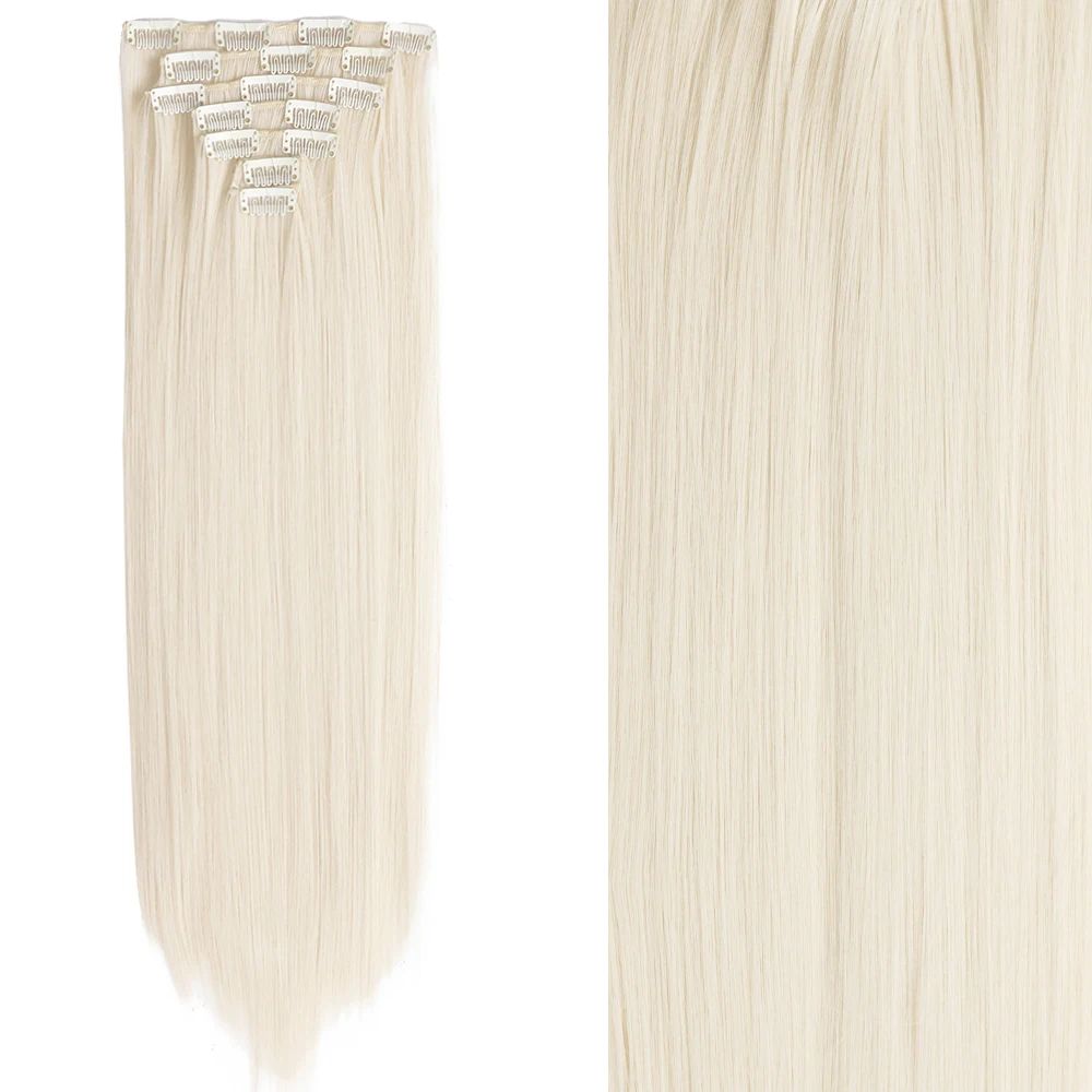 7 peças/conjunto de aplique de cabelo com 16 grampos, preto, longo e liso, cabelo natural, aplique de cabelo ombre, fibra resistente ao calor para penteado feminino
