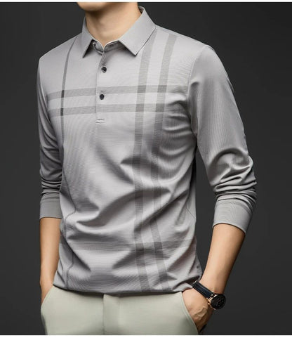 BROWON Graphic Polo Shirt Men 2025 Autumn New Business Slim Long Sleeve T Shirt Man Casual Loose Printed Striped Clothes for Men