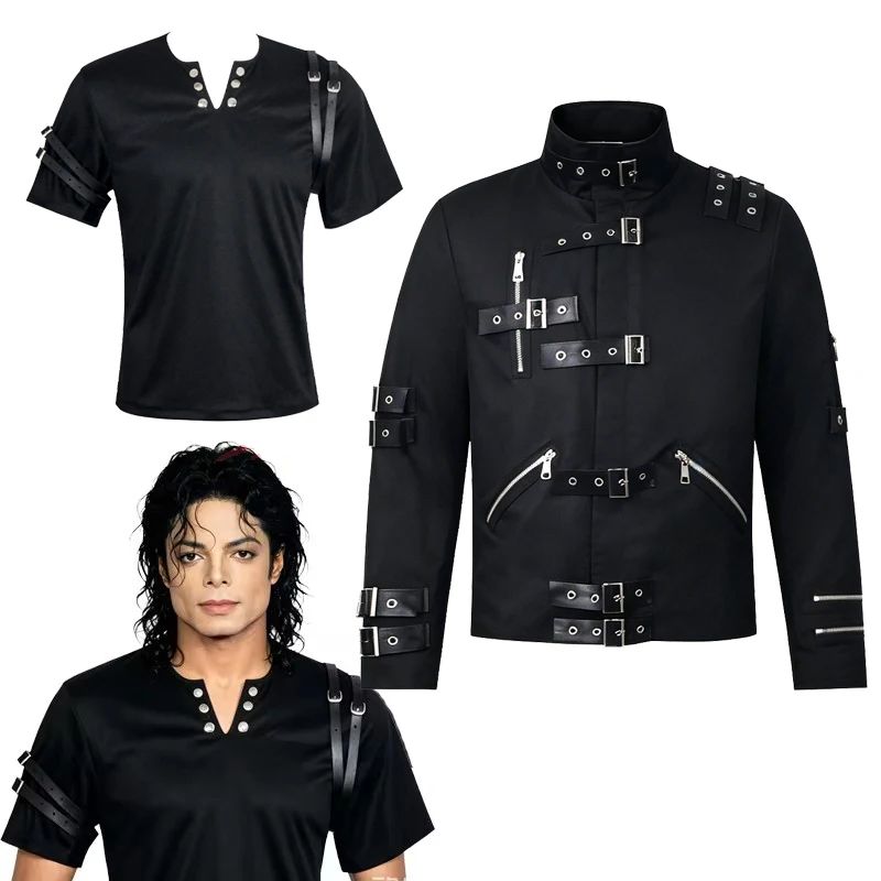 Michael Jackson cosplay Costume BAD Punk Jacket Black Slim BAD Jacket Costume T-shirt Belt Clothing Adore Stars Impersonator