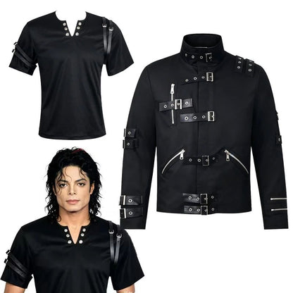 Michael Jackson cosplay Costume BAD Punk Jacket Black Slim BAD Jacket Costume T-shirt Belt Clothing Adore Stars Impersonator