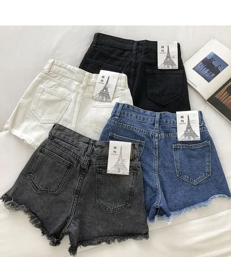 2025 New Summer Women High Wiast Raw Hem Denim Shorts Soild White Black Blue Korean Wide Leg Pants Mon Shorts  Jean Shorts