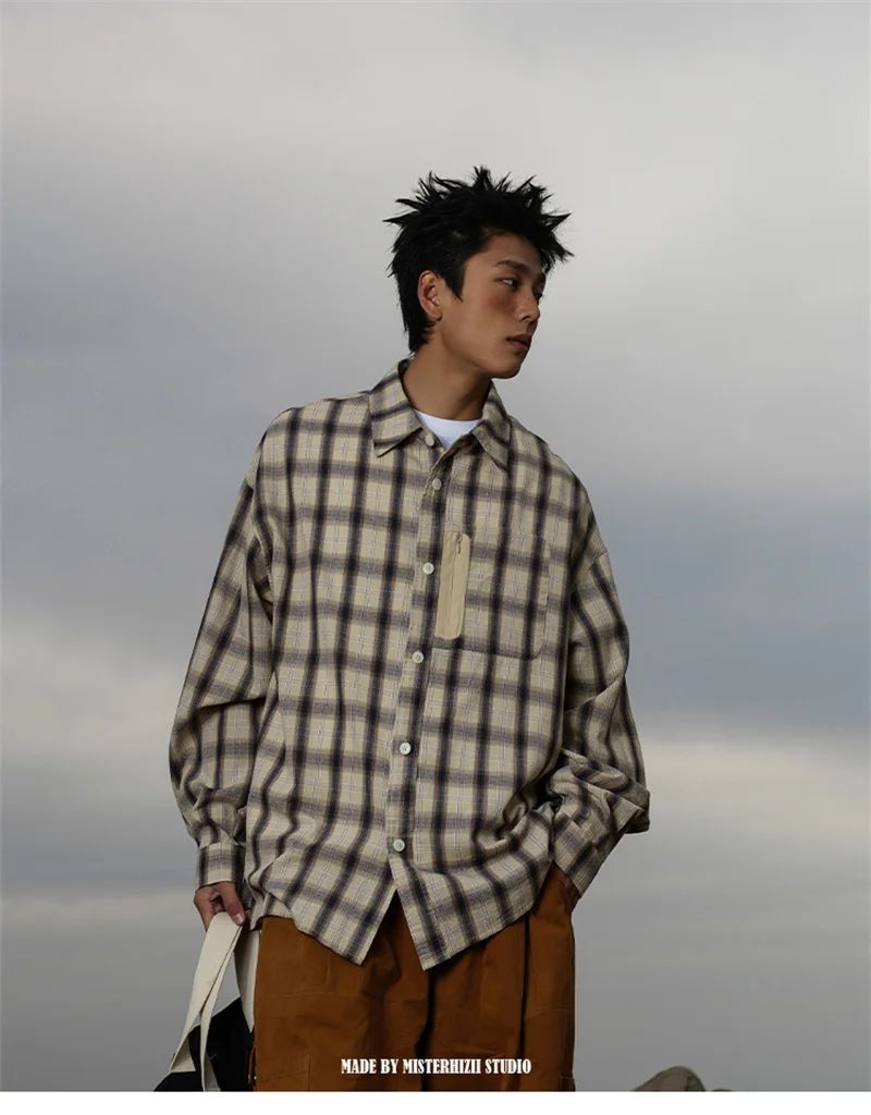 Autumn Y2K Vintage Plaid Shirts For Men Long Sleeve Button Up Blouse Korean Fashion Zip Pocket Cargo Shirt Streetwear Clothes