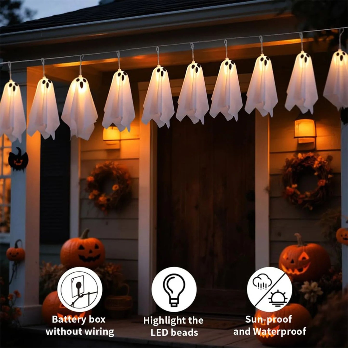 10Pcs LED Spooky Hanging Ghosts Decor, Halloween Ghost String Lights, Battery Operated Light Up Glow Garland for Indoor Outdoor
