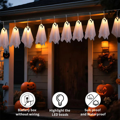 10Pcs LED Spooky Hanging Ghosts Decor, Halloween Ghost String Lights, Battery Operated Light Up Glow Garland for Indoor Outdoor