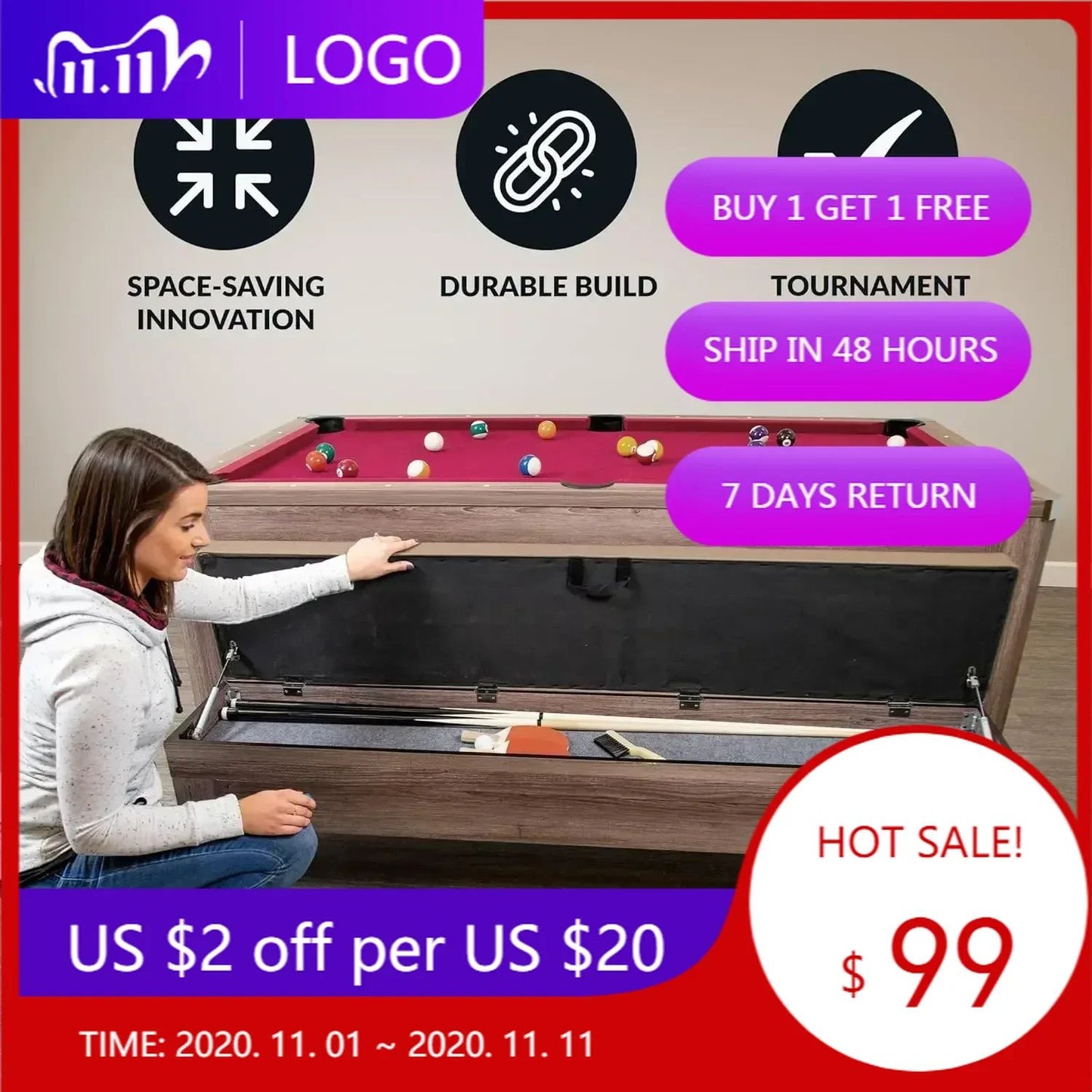 7 Foot Dining Pool Table Combo with Game Accessories 2 Benches Multifunctional Billiards Table with Ping Pong Dining Top Light