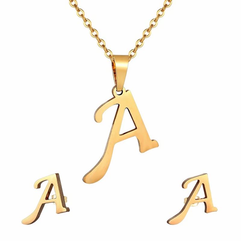 Conjunto Feminino de Colar e Brincos de Aço Inoxidável com Letra Inicial do Alfabeto A-Z - Joias Personalizadas de 26 Letras Inglesas - Presente
