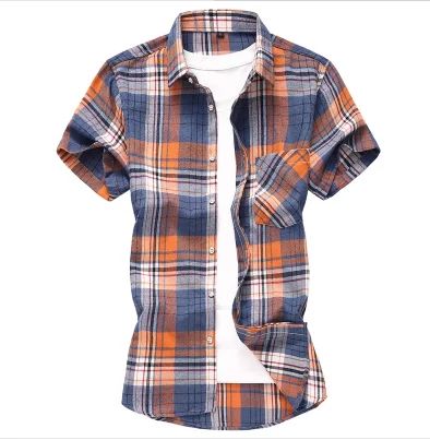 2025 new red summer men's shirts short-sleeved plaid fat big yards youth casual shirt.