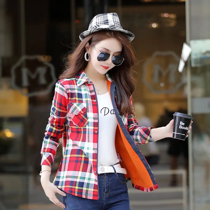 Women's Fleece Lined Long Sleeve Shirt Mid Length Thick Winter Warm Korean Style Elastic plus Size Plaid Patterned Button up