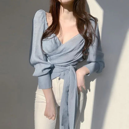 2023 Design Long Sleeve Shirt Women's V-neck Pleated Waist Top Blusas Clothes for Women Tops Shirts Blouses