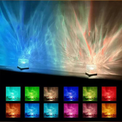 Ocean Wave Aurora Projector Light USB Remote RGB Water Ripple 16 Colors Night Light Home Office Bar Living Room Ambient Light