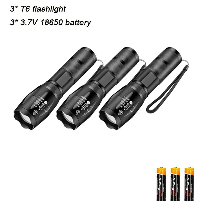 High Power T6 LED Flashlights Camping Torch 5 Light Modes Zoom Light Aluminum Alloys Waterproof Material External 18650 Battery