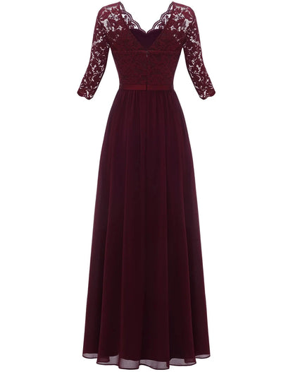 New 6-Color 5-Size Lace Splicing Long Waist-Cinching Elegant Dress Floor-Length V-Neck Polyester Fiber Evening Gown Dress