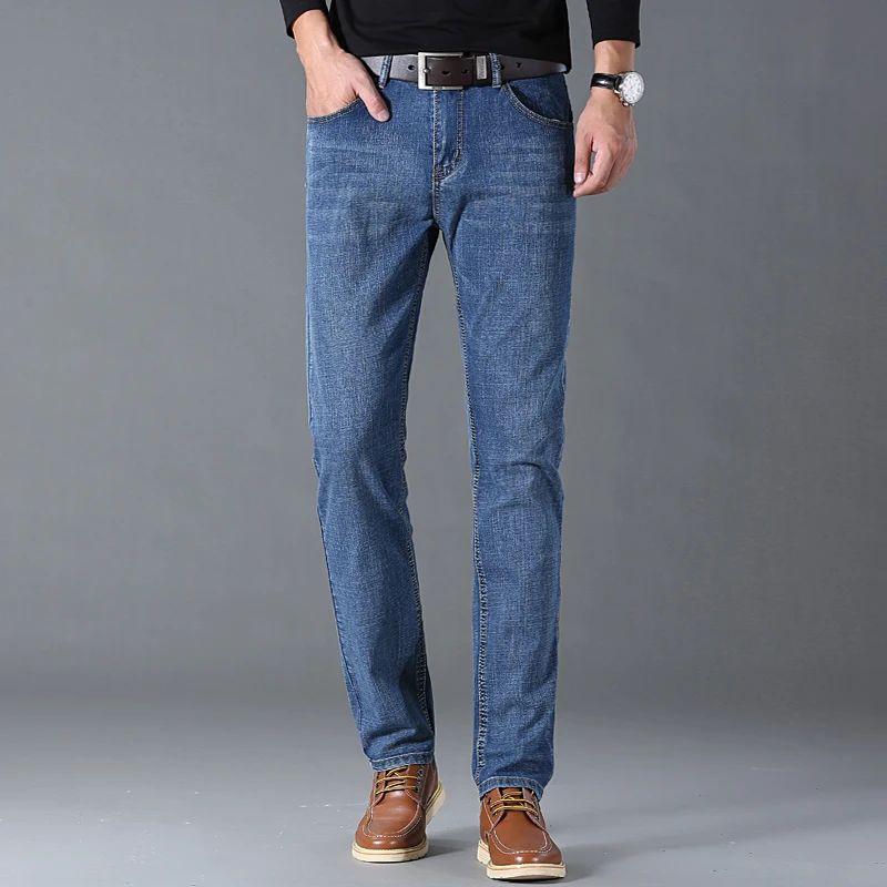 Spring Autumn Business Men Jeans Casual Straight Stretch Fashion Classic Black Sky Blue Grey Work Denim Trousers Brand Clothing