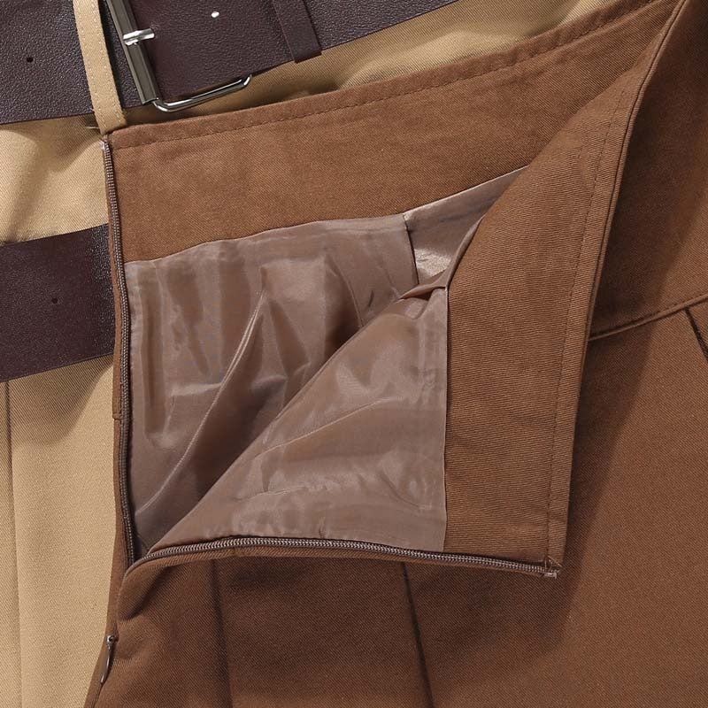 Brown Belted Mini Skirt Low Waisted Pleated Skirt with Belt Women Academia Aesthetic Vintage Outfit