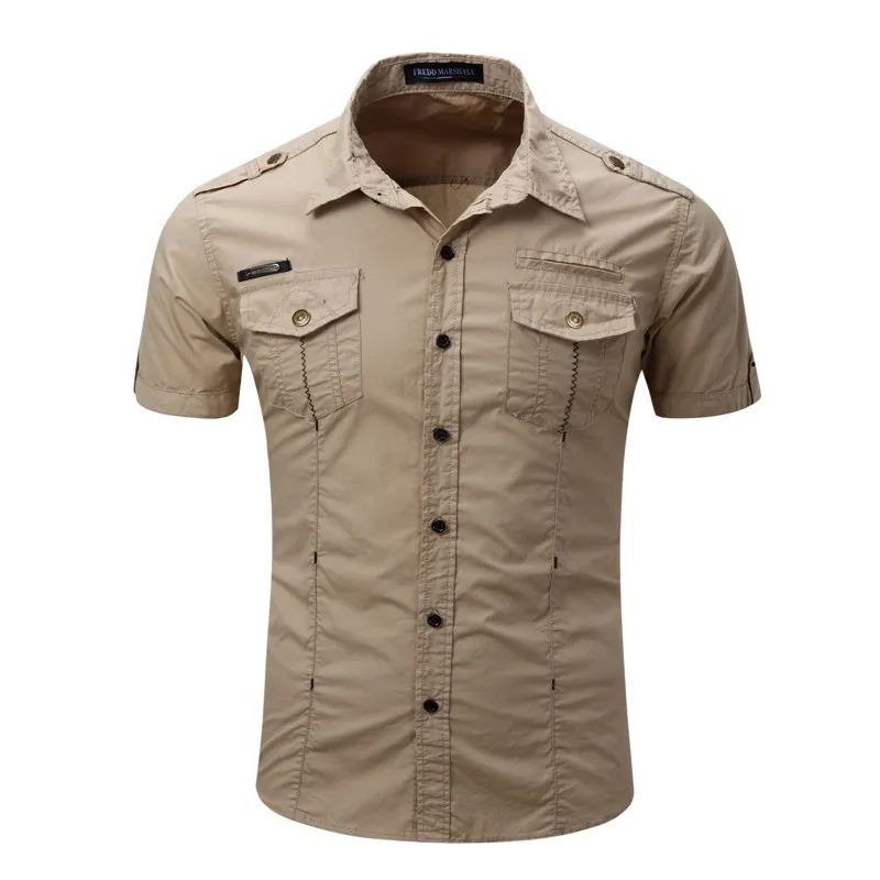 Euro Big Size Men's Cotton Casual Short Sleeve Button-Down Shirt with Chest Pockets Regular-Fit Work Shirt Outdoor Cargo Wear