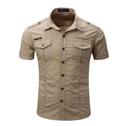 Euro Big Size Men's Cotton Casual Short Sleeve Button-Down Shirt with Chest Pockets Regular-Fit Work Shirt Outdoor Cargo Wear