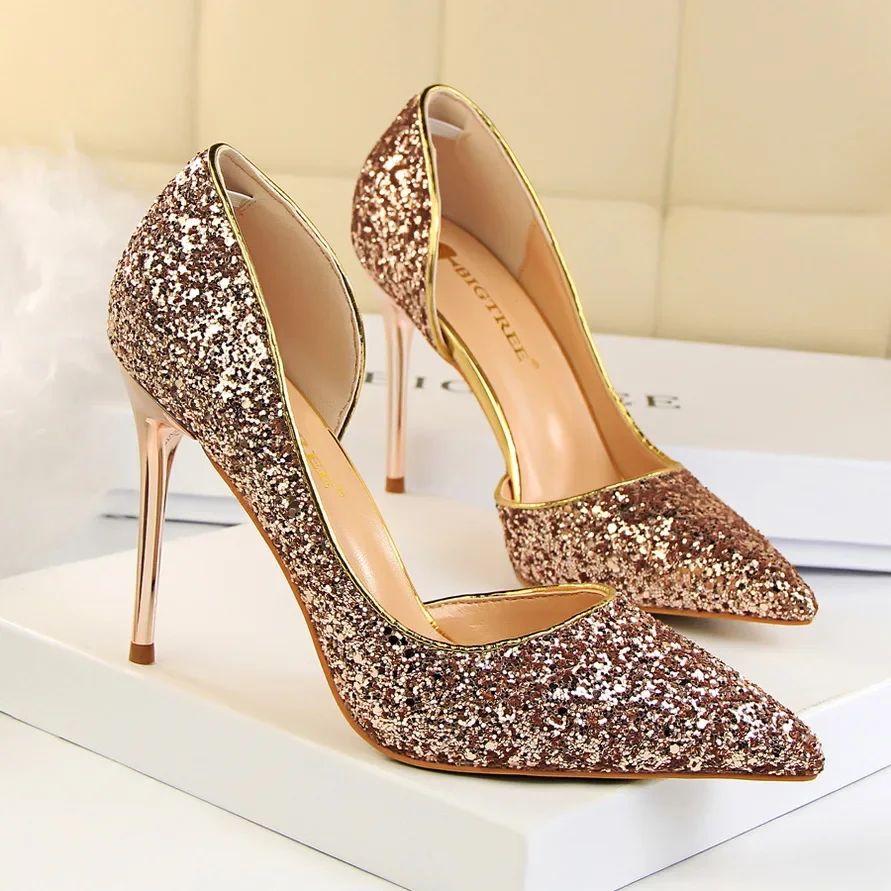 Plus Size 34-43 Women 9.5cm High Heels Stripper  Bling Glod Red Silver Scarpins Pumps Lady Stiletto Wedding Bridal Fetish Shoes