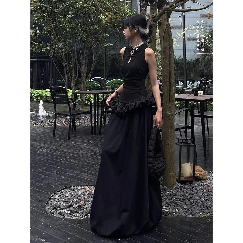MEXZT Vintage Black Long Dress Women Party Prom Ruffles Sleeveless Maxi Dresses