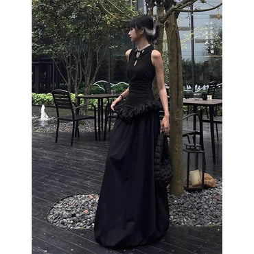 MEXZT Vintage Black Long Dress Women Party Prom Ruffles Sleeveless Maxi Dresses