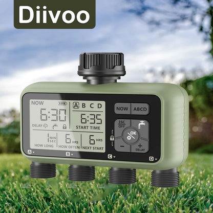 Diivoo Water Timer 4 Zone Garden Programmable Automatic Irrigation Timer with Rain Delay Manual/Auto Mode Watering for Lawn Yard