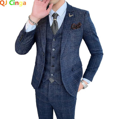 Dark Blue Men's Suit Three Piece, Business Casual Jacket and Vest with Trousers, Gray Dark Brown Slim Fit Sets, Asian Size