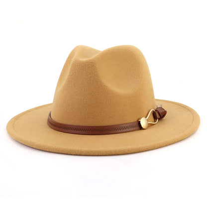 New Brown Belt Buckle Jazz Fedora Hat Autumn Winter Women Men Party Church Top Hat Wide Brim Sun Hat Felt Panama Cap