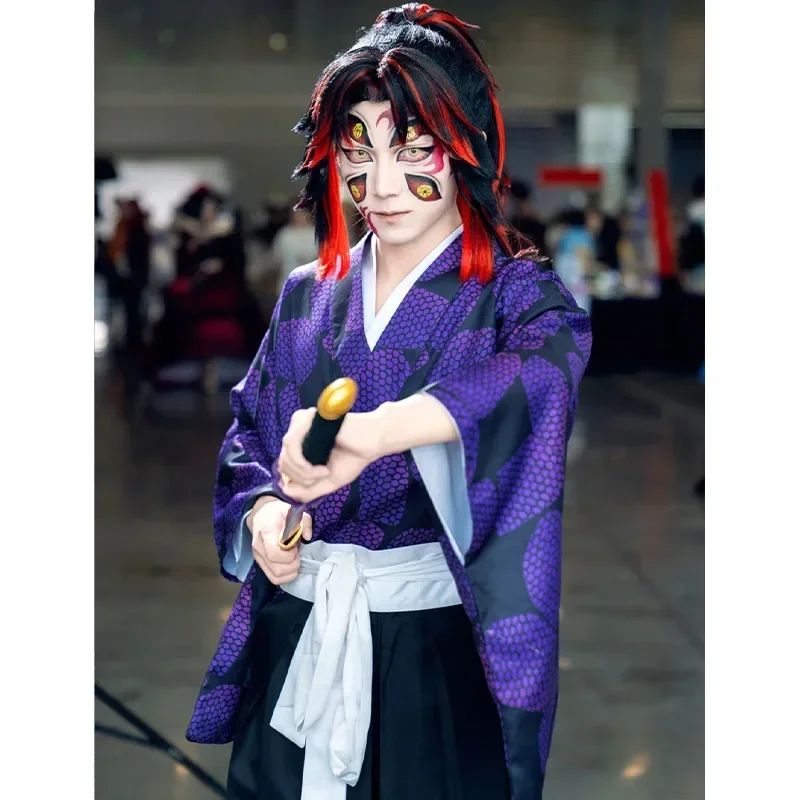 2026 New Edition Kokushibo Role-Play Wig, Temporary Tattoos, Anime-Print Kimono Top, Halloween Party Costume