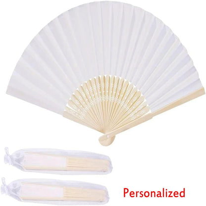 10-60Pcs Personalized Engraved Multicolor Folding Silk Hand Fan with Organza Gift Bag Wedding Party Supplies Bulk Purchase Boda