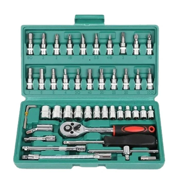 Conjunto de ferramentas para reparo de carros 46 peças, kit de soquetes de 1/4 de polegada, kit de ferramentas para reparo de carros, chave de torque catraca, conjunto combinado para reparos automotivos, ferramenta mecânica