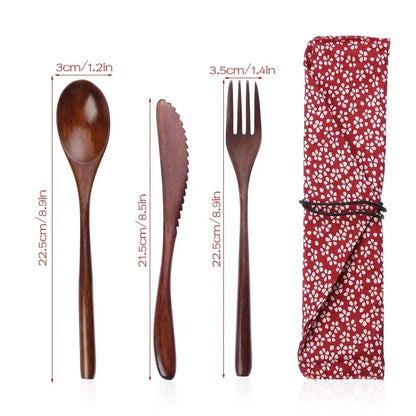 Conjunto de Talheres de Madeira Colher Garfo Cortador Reutilizável Madeira Bambu com Bolsa Portátil Louça Utensílios de Mesa Material para Almoço Estudantil