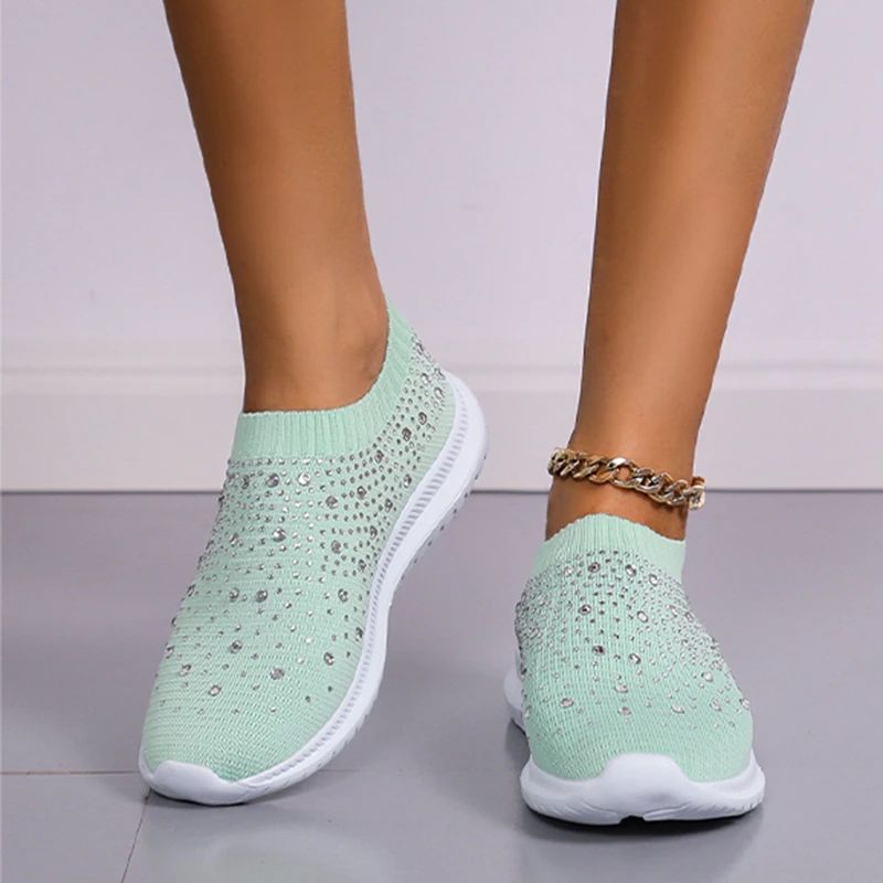 2024 New Crystal Breathable Mesh Sneaker Shoes for Women Comfortable Soft Bottom Flats Plus Size 43 Non Slip Casual Shoes Woman