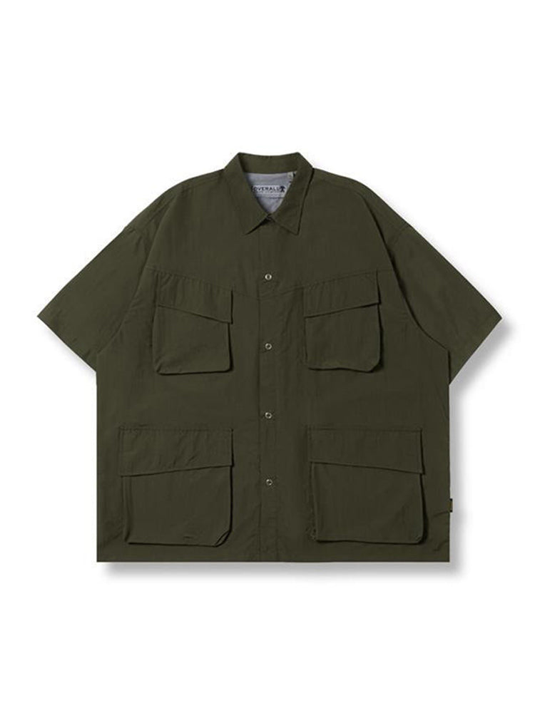 Gmiixder Multi Pocket Lapel Shirt Loose Workwear Short Sleeve Button Blouse Men Women Vintage CityBoy Japan Premium Cargo Shirt