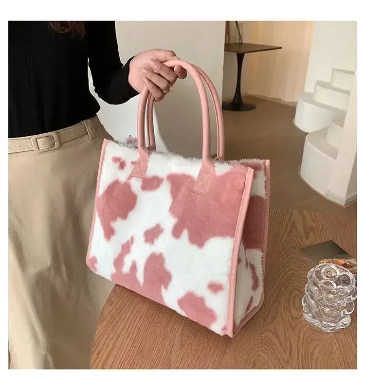 New Women Soft Plush Hand Bag New Winter Leopard Cow Print Tote Bags Female Pu Leather Underarm Bags Furry Fluffy Shoulder Bag