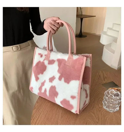 New Women Soft Plush Hand Bag New Winter Leopard Cow Print Tote Bags Female Pu Leather Underarm Bags Furry Fluffy Shoulder Bag